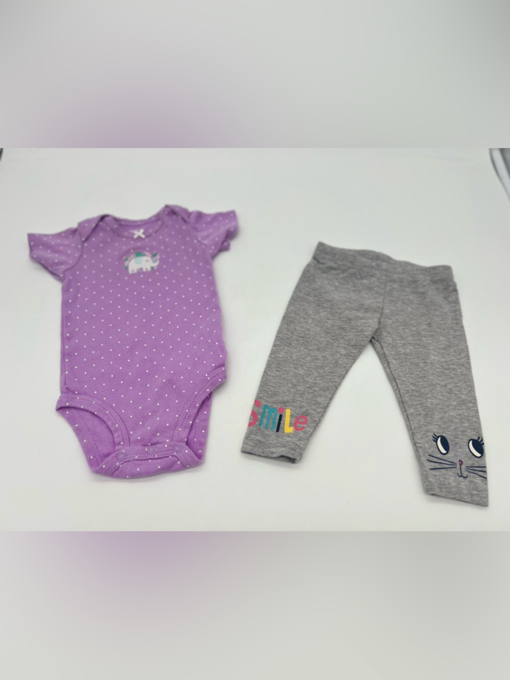 Carters Baby Girl 6 Months Set Shirt And Pants Purple Gray Elephant
